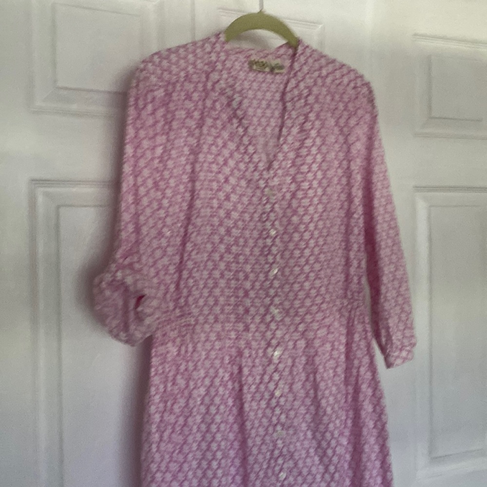 Soft, comfy. Length 36", sleeve 18", button to roll up. soft elastic waist